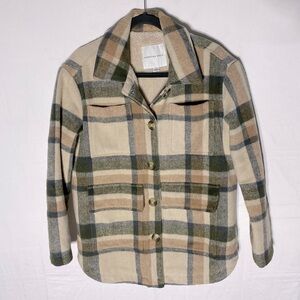American Eagle Tan Green Plaid Wool Blend Fleece Lined Button Up Shacket XS